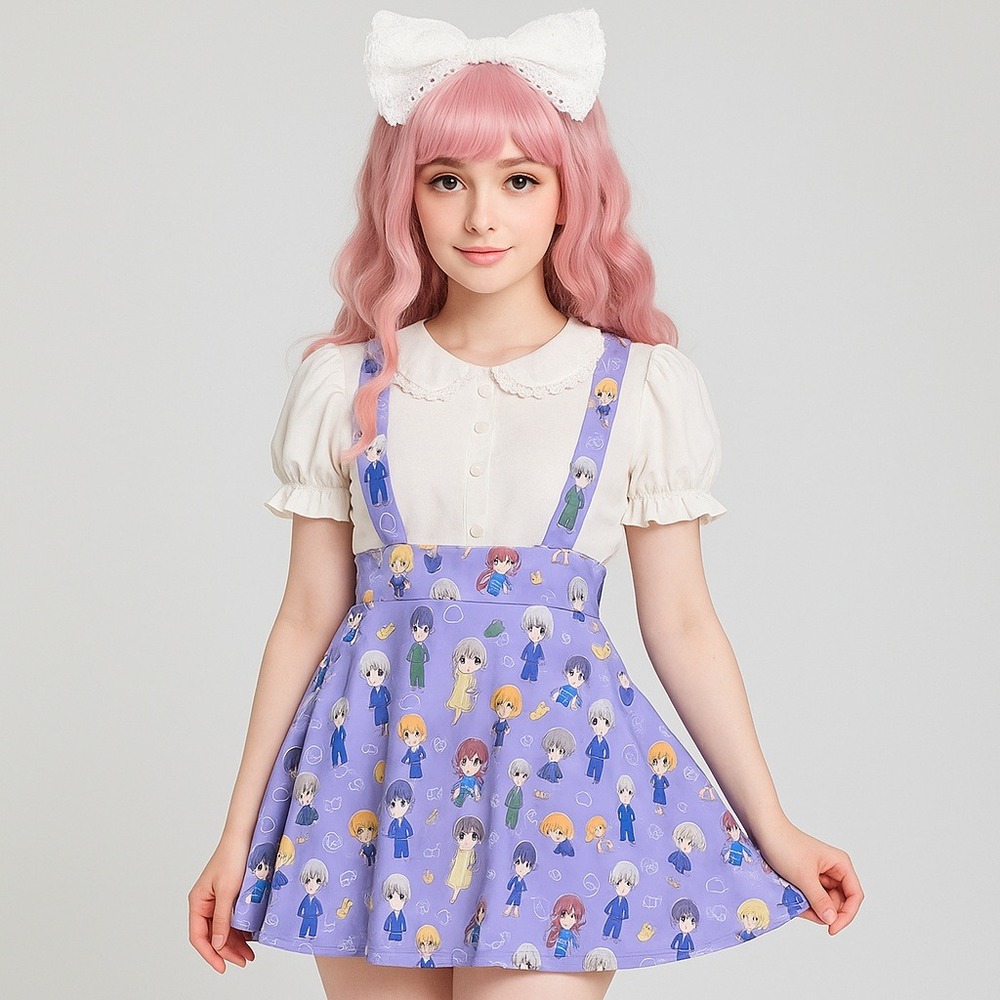 Hot Topic Fruits Basket Anime Suspender Skater Skirt Purple Chibi Print Size L